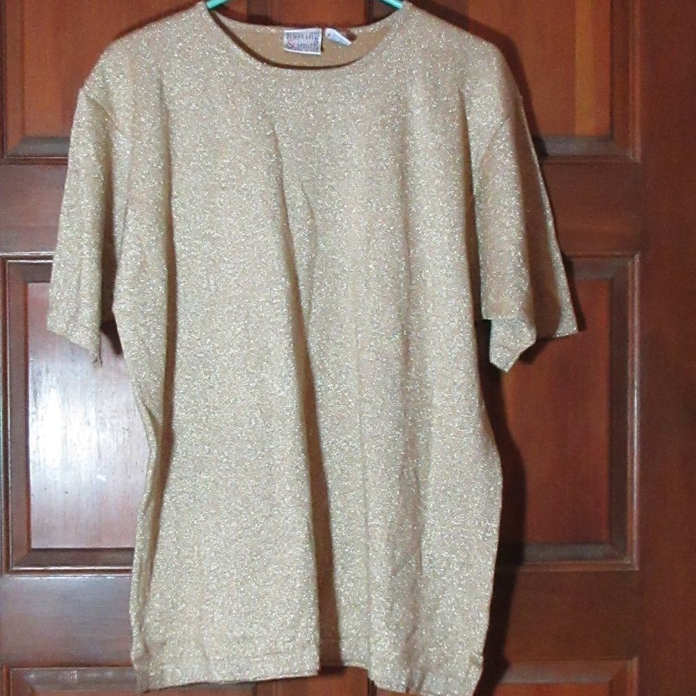 Glittery Gold Short Sleeve Top Sweater 1X